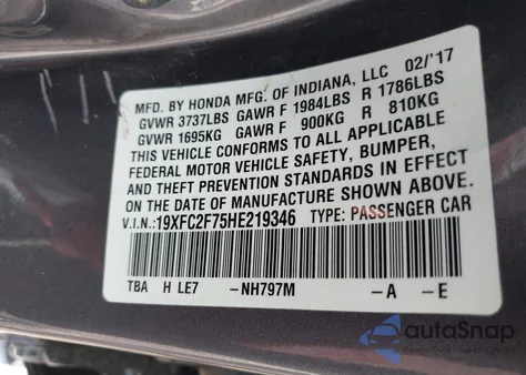 2017 Honda Civic Ex z USA, uszkodzony, nr VIN 19XFC2F75HE219346